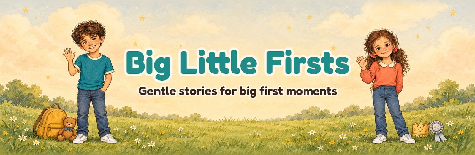 Ezz and Nai waving in a sunny meadow under the words Big Little Firsts: gentle stories for big first moments