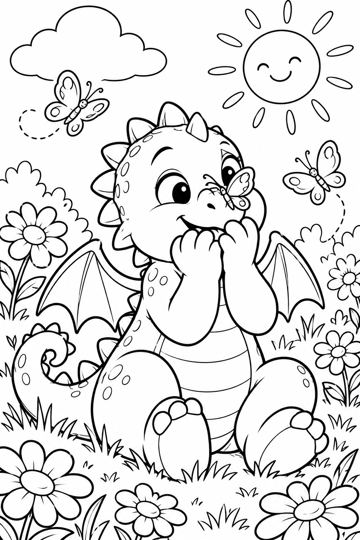 Colouring page: The dragon who was scared of butterflies