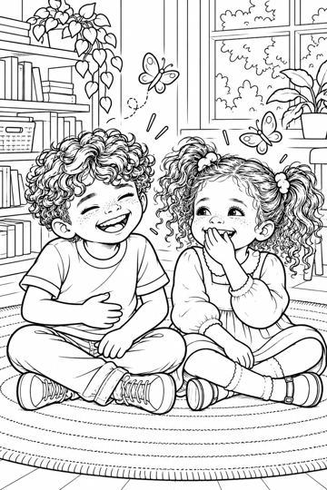 Colouring page: Laughing with a new friend